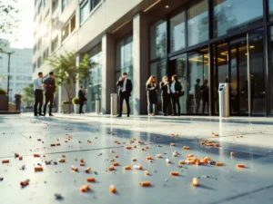 Kantoorgebouw ingang met sigarettenpeuken op betonnen plein, werknemers rokend bij glazen deuren in ochtendlicht