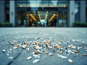 Betonnen bedrijfsplein met sigarettenpeuken voor modern glazen kantoorgebouw, werknemers op achtergrond
