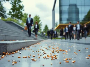 Sigarettenpeuken verspreid op betonnen trappen van kantoorgebouw terwijl werknemers in pakken voorbijlopen