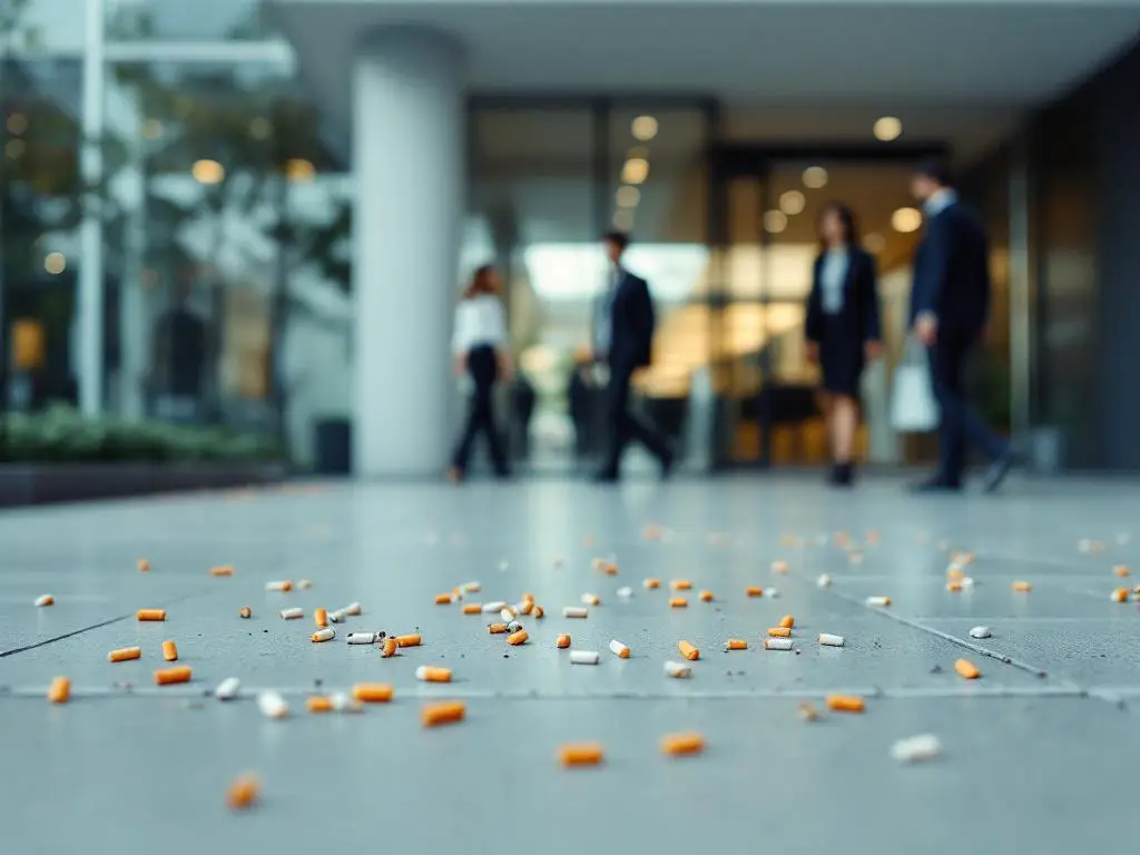 Kantoorgebouw ingang met sigarettenpeuken op betonnen stoep, werknemers in pakken lopen naar glazen deuren