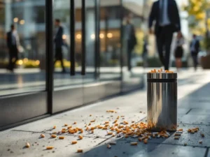Kantooringang met sigarettenpeuken op schone stoep naast goed gevulde asbak, zakenpeople op achtergrond