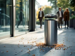 Chromen asbak bij kantooringang met peuken op betonnen grond, zakenpeople op achtergrond
