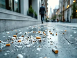 Sigarettenpeuken verspreid over betonnen trappen en stoep bij moderne kantoorgebouw ingang met glazen deur