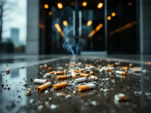 Sigarettenpeuken verspreid over nat beton voor moderne kantooringang met glazen deuren en stalen handgrepen