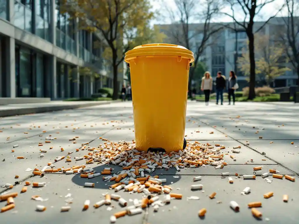 Sigarettenpeuken verspreid over campusterrein met gele afvalbak en studenten bij universiteitsgebouwen op achtergrond
