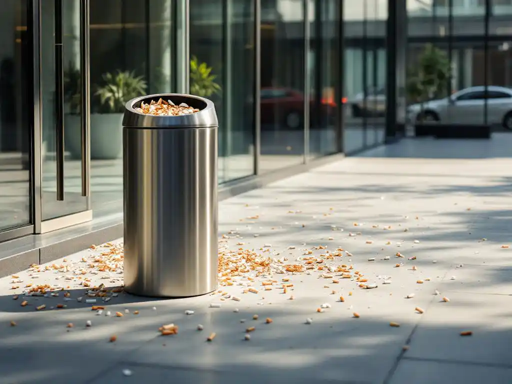 Sigarettenpeuken rond kantooringang met afvalbak vol gerecyclede materialen, contrast tussen zwerfvuil en duurzaam afval