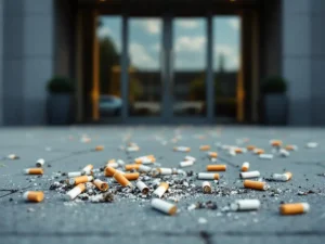 Sigarettenpeuken verspreid op betonnen stoep voor modern kantoorgebouw met glazen ingang op achtergrond