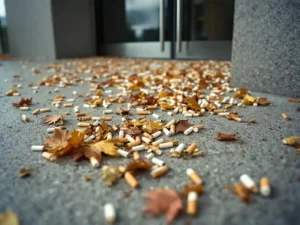 Sigarettenpeuken verspreid voor glazen kantooringang met herfstbladeren op betonnen stoep