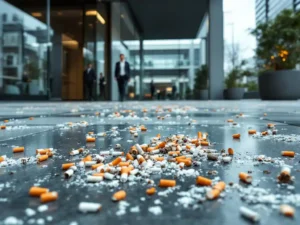Sigarettenpeuken verspreid voor moderne kantoorgebouw ingang terwijl werknemers voorbijlopen
