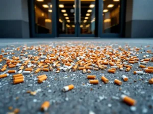 Sigarettenpeuken verspreid op betonnen stoep voor moderne kantoorgebouw ingang, filters en papier op grijze steen