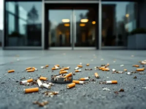 Sigarettenpeuken verspreid op betonnen stoep voor moderne kantoorgebouw ingang met glazen deuren