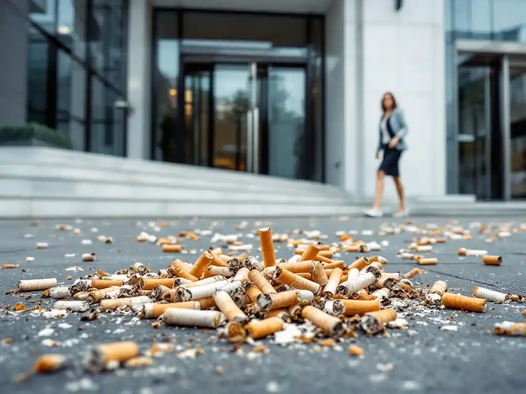 Sigarettenpeuken verspreid op stoep voor modern kantoorgebouw, zakenvrouw loopt voorbij met bezorgde uitdrukking
