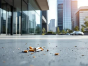 Sigarettenpeuken verspreid op schoon beton voor modern kantoorgebouw met glazen gevel