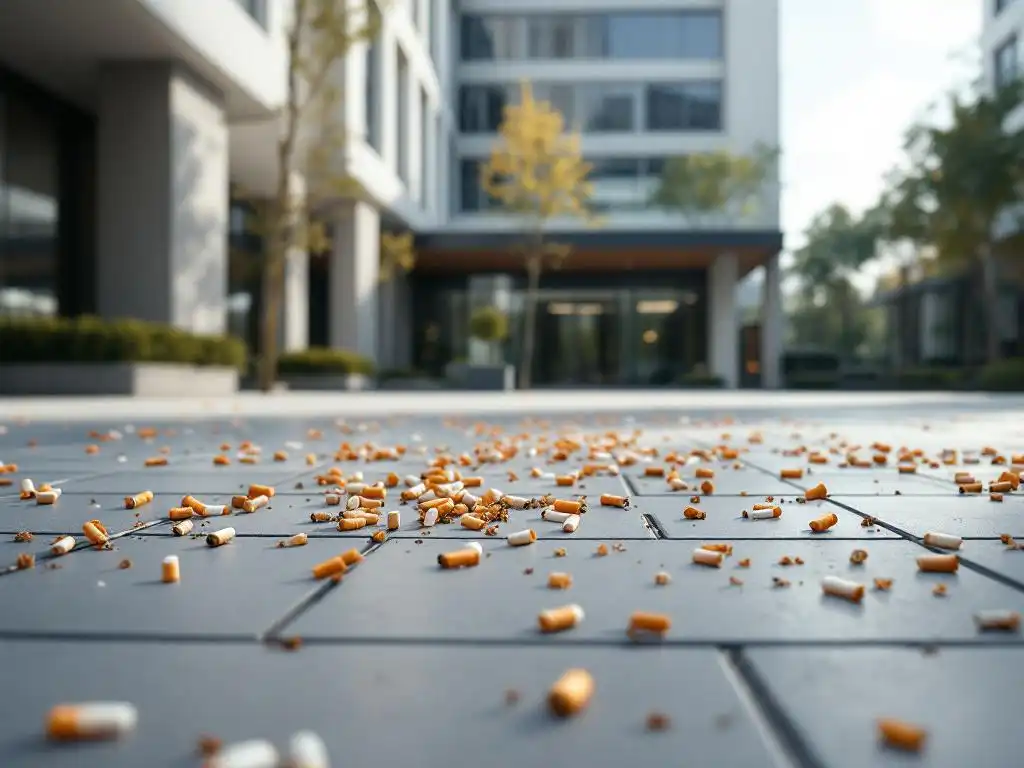 Sigarettenpeuken verspreid over schone betonnen tegels op moderne campus met kantoorgebouw op achtergrond