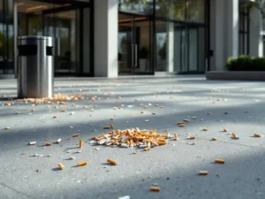 Betonnen plein bezaaid met tientallen sigarettenpeuken voor moderne kantoorgebouw ingang met glazen deuren