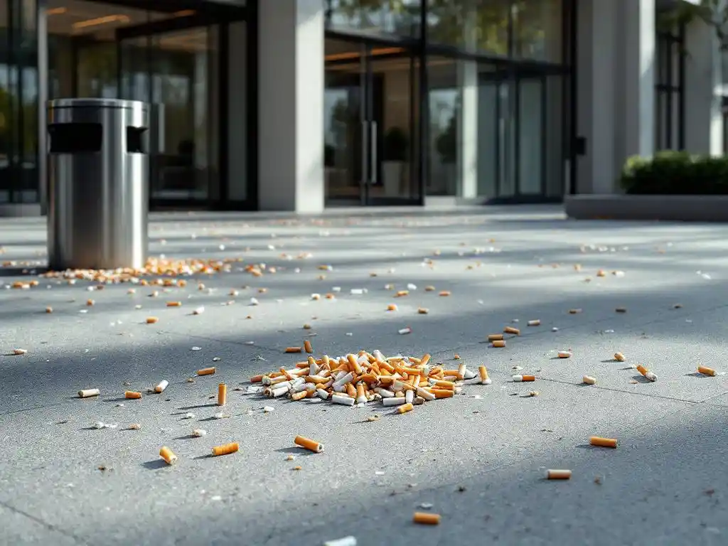 Betonnen plein bezaaid met tientallen sigarettenpeuken voor moderne kantoorgebouw ingang met glazen deuren