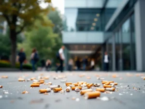 Sigarettenpeuken verspreid op betonnen binnenplaats bij moderne universiteit met glazen gebouw en studenten op achtergrond
