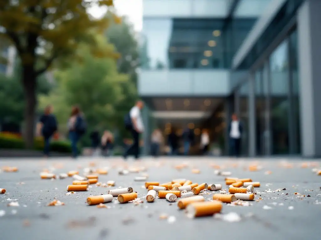 Sigarettenpeuken verspreid op betonnen binnenplaats bij moderne universiteit met glazen gebouw en studenten op achtergrond
