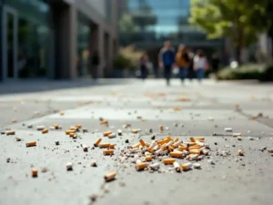 Sigarettenpeuken verspreid over betonnen universiteitsbinnenplaats bij moderne glazen campusgebouw met studenten op achtergrond