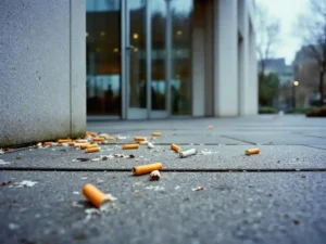 Universiteitscampus binnenplaats met sigarettenpeuken verspreid op grijze betonnen tegels bij moderne glazen ingang