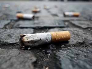 Weggegooid sigarettenpeuk op natte, grijze kinderkopjes met donkere vlekken en gruis, omgeven door meer peuken op de achtergrond.