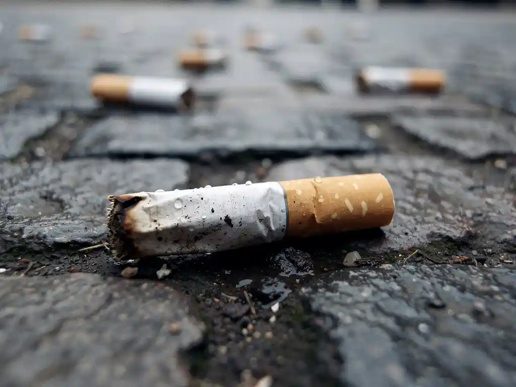 Weggegooid sigarettenpeuk op natte, grijze kinderkopjes met donkere vlekken en gruis, omgeven door meer peuken op de achtergrond.
