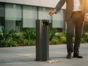 Werknemer gooit peuk in een sigarettenafvalpaal op een kantoorplein, met peuken op het beton eromheen.