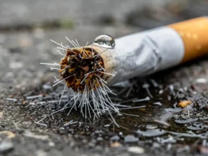 Weggegooid sigarettenfilter op nat stadsasfalt, met cellulose-acetaatvezels die microplastics loslaten in een regendruppel.