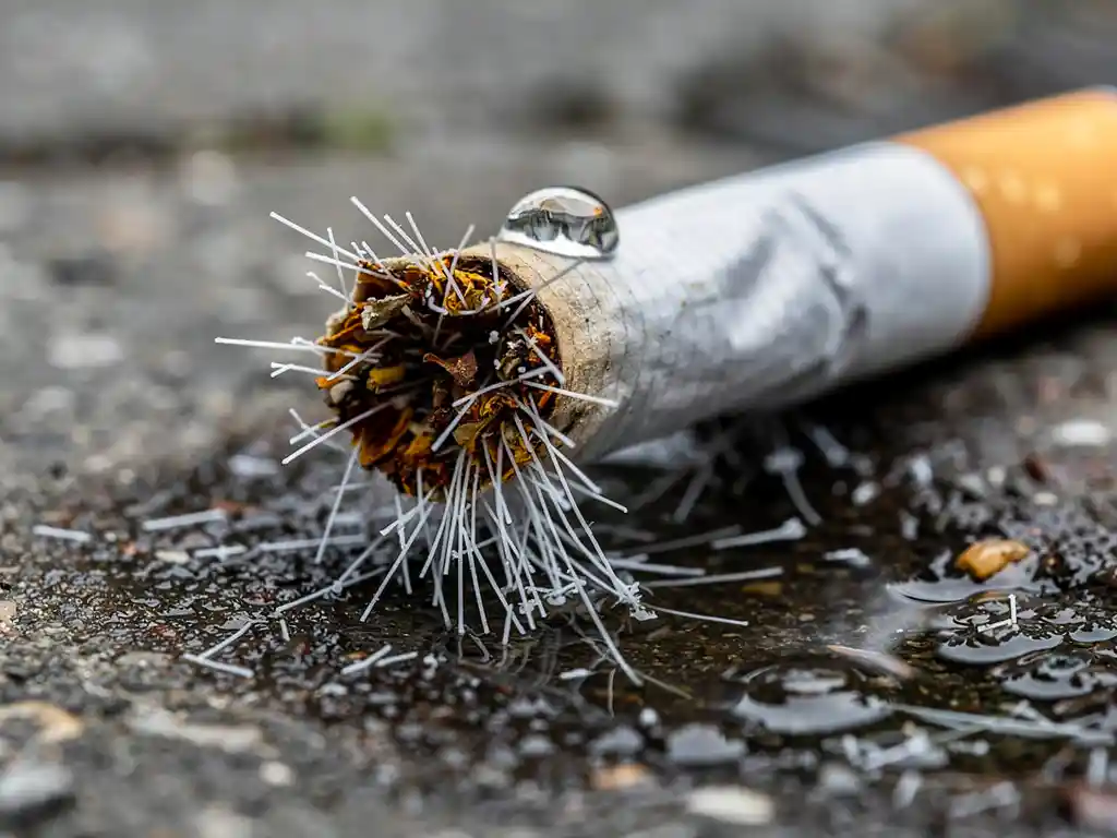 Weggegooid sigarettenfilter op nat stadsasfalt, met cellulose-acetaatvezels die microplastics loslaten in een regendruppel.