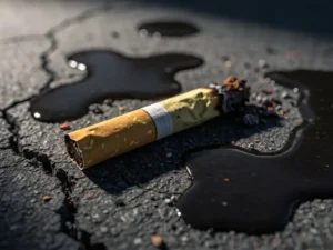 Vergeeld sigarettenpeuk op nat beton, omringd door donkere plassen die giftige resten absorberen, macrofoto met scherpe zijbelichting.