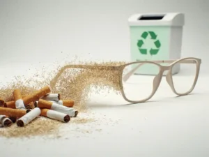 Gebruikte sigarettenfilters die transformeren naar een bril van gerecycled cellulose, met verspreide vezels op wit oppervlak.