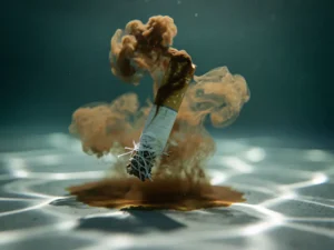 Peukvervuiling in water: sigarettenpeuk met oplosbaar bruinig residu dat helder water vervuilt, macrofoto van synthetische filtervezels.