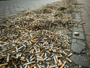 Duizenden peuken opeengepakt op een gebarsten Hollands straatplaveisel, met sinaaskleurige filters in grijsgele tinten onder bewolkt daglicht.