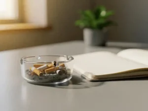 Transparante pocket-ashtray met peuken op modern bureau naast open notitieboek, zachte natuurlijke belichting.