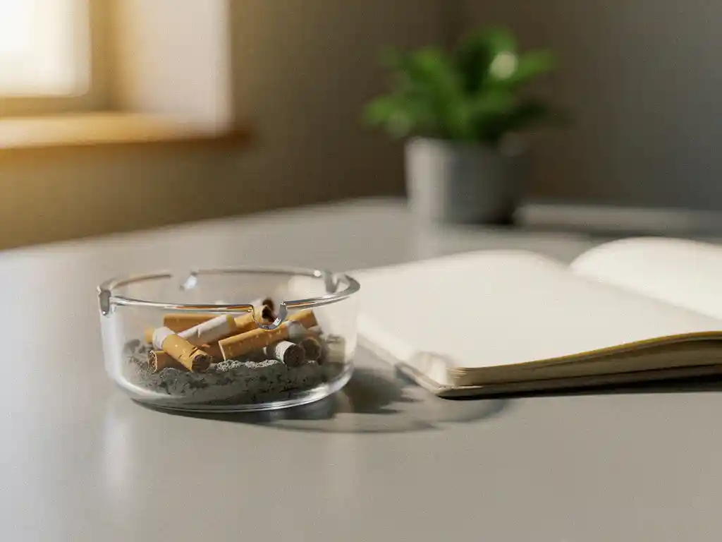 Transparante pocket-ashtray met peuken op modern bureau naast open notitieboek, zachte natuurlijke belichting.